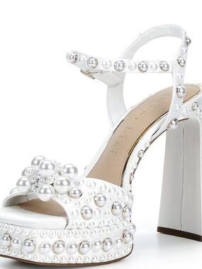 Gianni Bini Hazel  Pearl-Embellished Ankle Wrap Platform Sandals